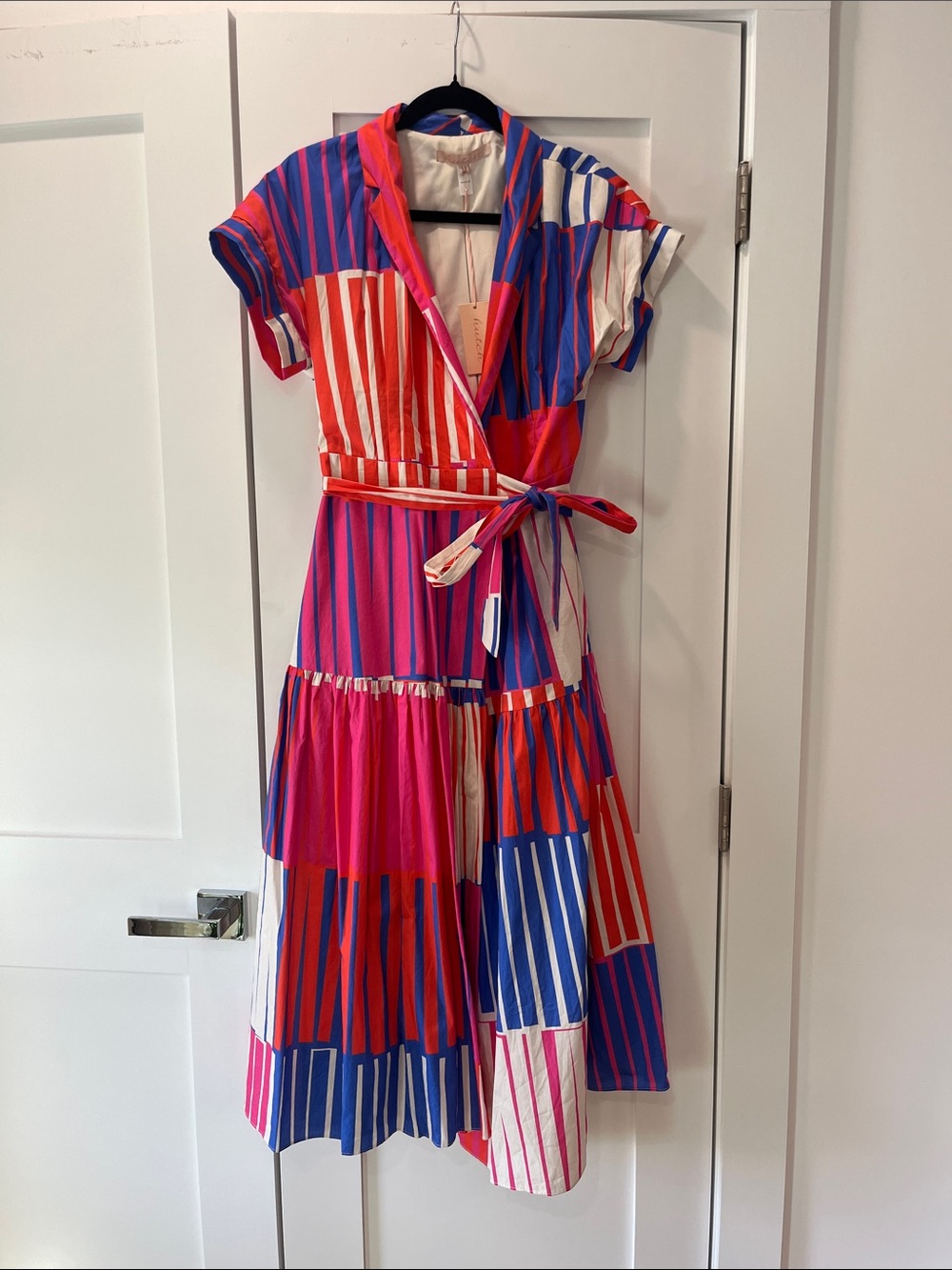 Hutch Pink Blue Red Striped Wrap Midi Dress